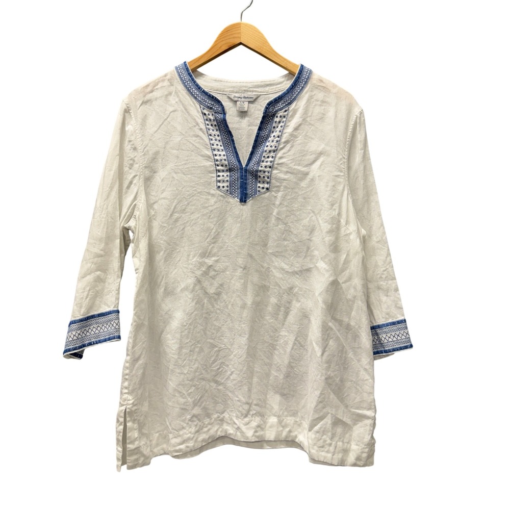 Tommy Bahama Tunic Womens Large Embroidered Linen White Beachy Coastal Boho